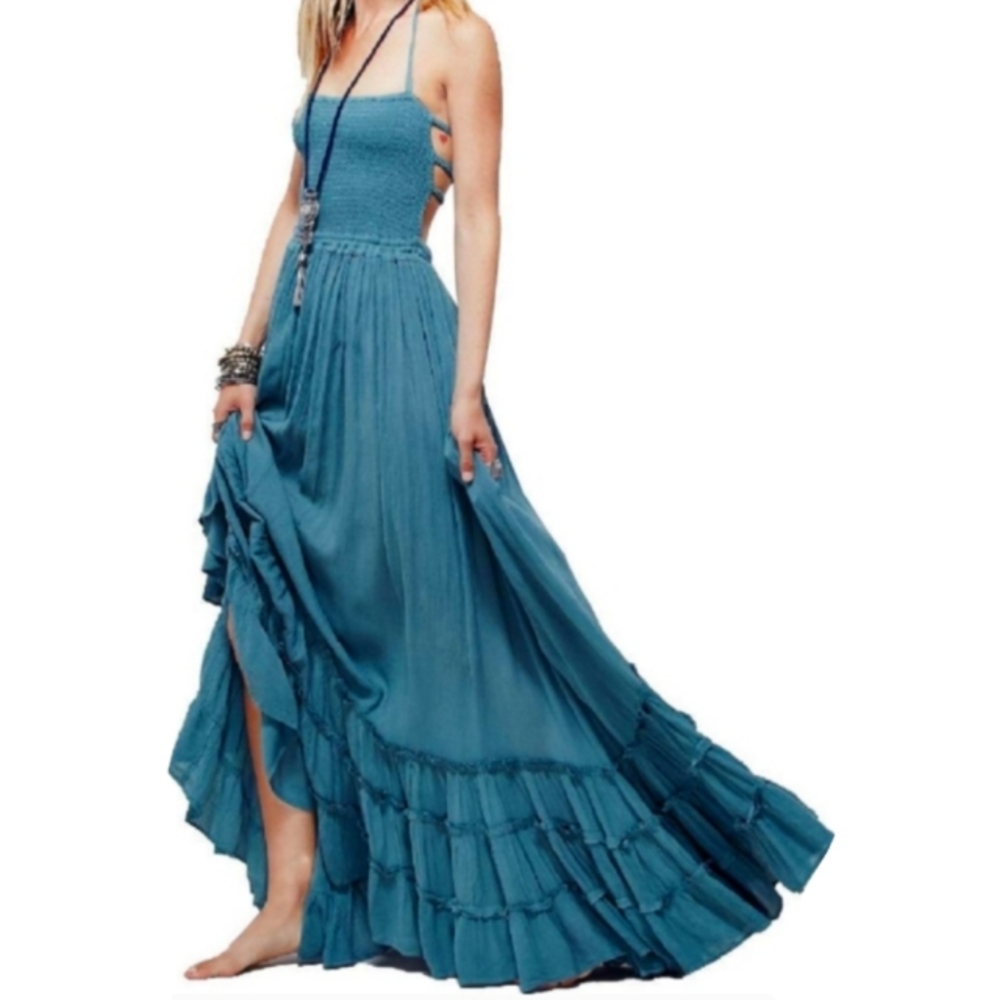 Peacock Blue Maxi Halter Gauze Dress Tiered Long Flowy Bohemian Beach Vacation